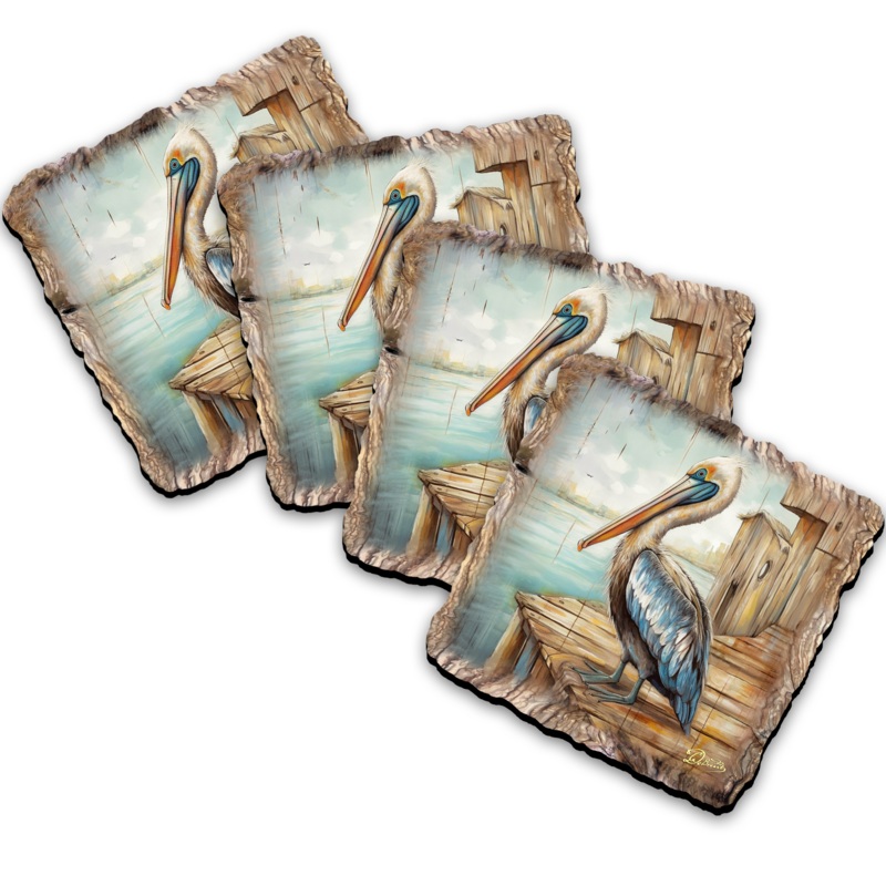 Pelican Wooden Cork Coasters Gift Set of 4 by Nature Wonders Coastal Nature Wildlife Decor  – 95388C-S4