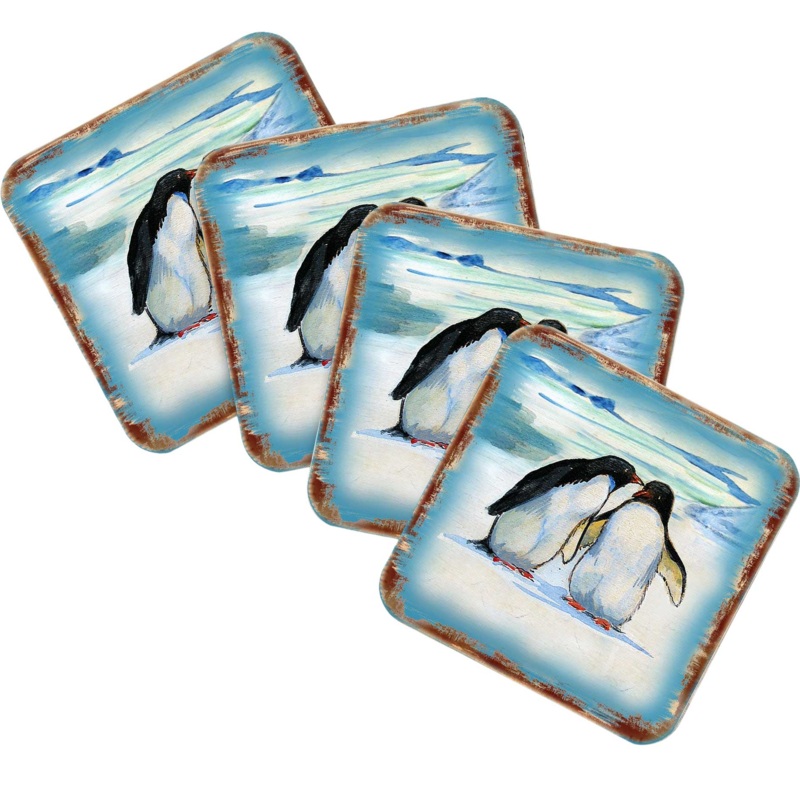 Penguins Coastal Wooden Cork Coasters Gift Set of 4 by Nature Wonders – Coastal Sea-Life Decor – 8198542C-S4