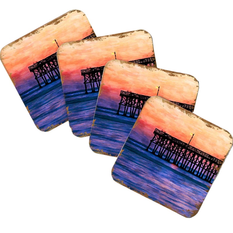 Pier at Sunset Coastal Wooden Cork Coasters Gift Set of 4 by Nature Wonders – Coastal Sea-Life Decor – 95359C-S4