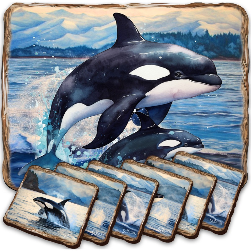 Playful Orcas Wooden Cork Placemat and Coasters Gift Set of 7 by Nature Wonders Coastal Nature Wildlife Dcor  – 85412C-S7