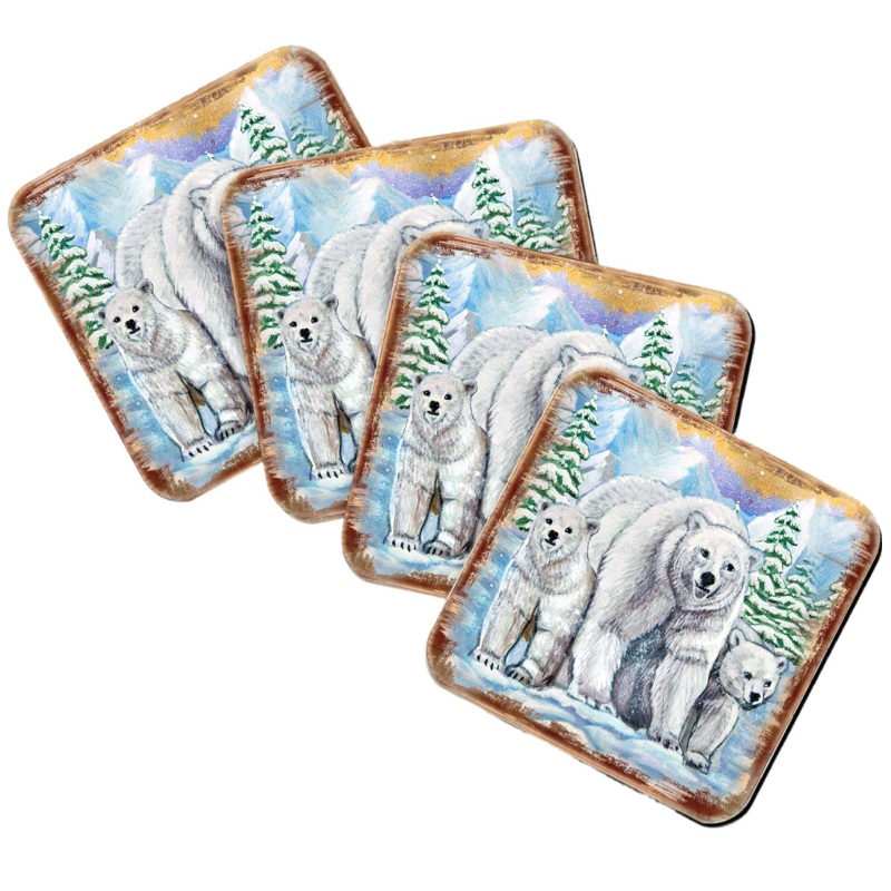 Polar Bear Family Wooden Cork Coasters Gift Set of 4 by Nature Wonders – Nature Wildlife Decor  – 95215C-S4