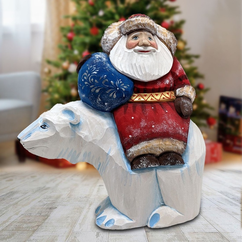 Polar Bear Ride Santa Hand-Painted WOODCARVED Masterpiece by G. DeBrekht – Wildlife Holiday Decor – 820010-2