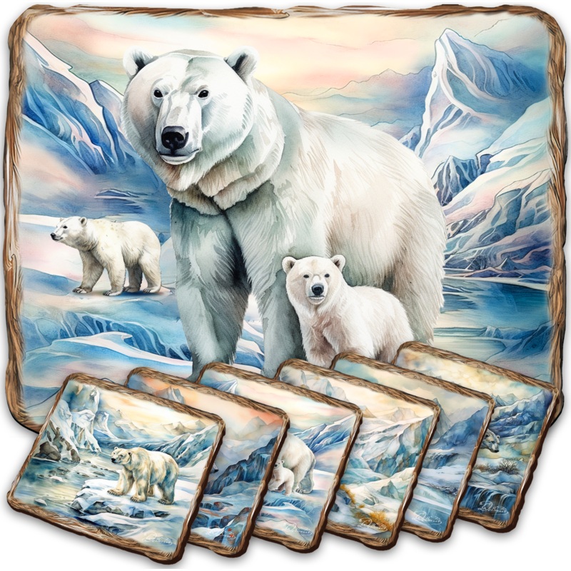 Polar Bear Wooden Cork Placemat and Coasters Gift Set of 7 by Nature Wonders Nature Wildlife Decor  – 85404C-S7