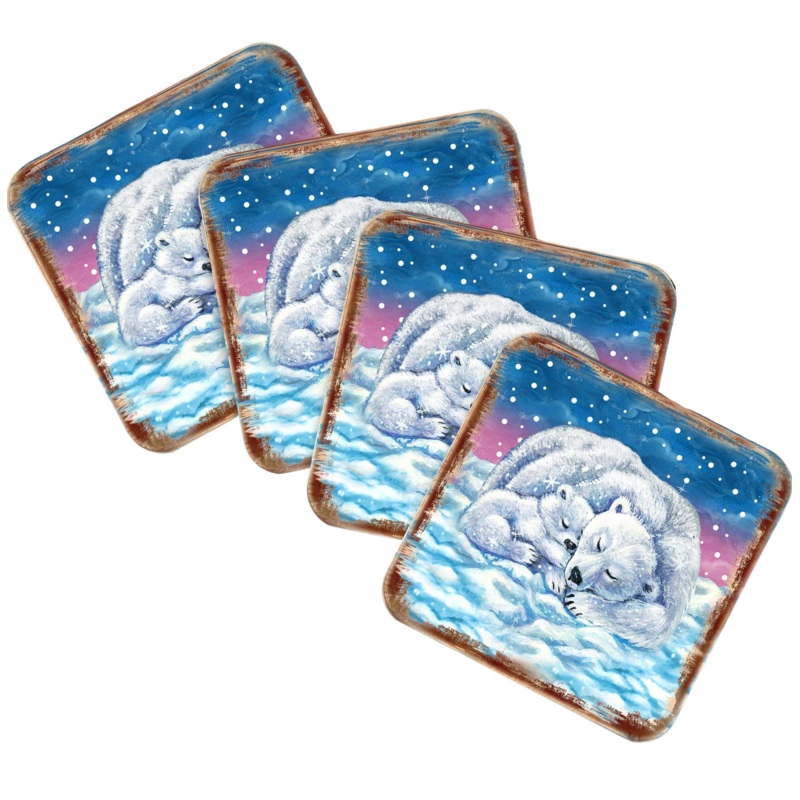 Polar Bears Wooden Cork Coasters Gift Set of 4 by Nature Wonders – Nature Wildlife Decor  – 95381C-S4