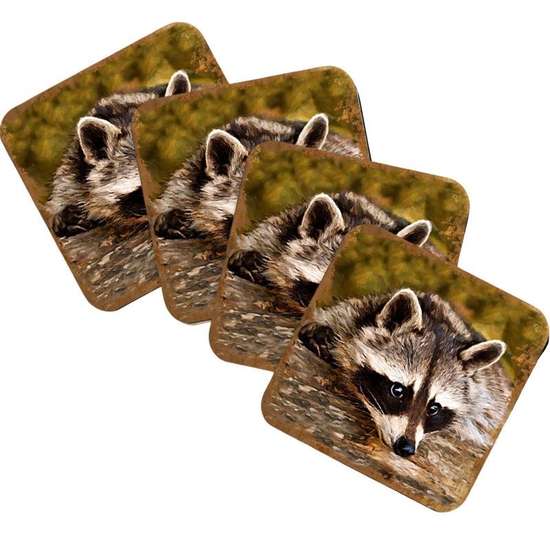 Raccoon Wooden Cork Coasters Gift Set of 4 by Nature Wonders – Nature Wildlife Decor  – 95289C-S4
