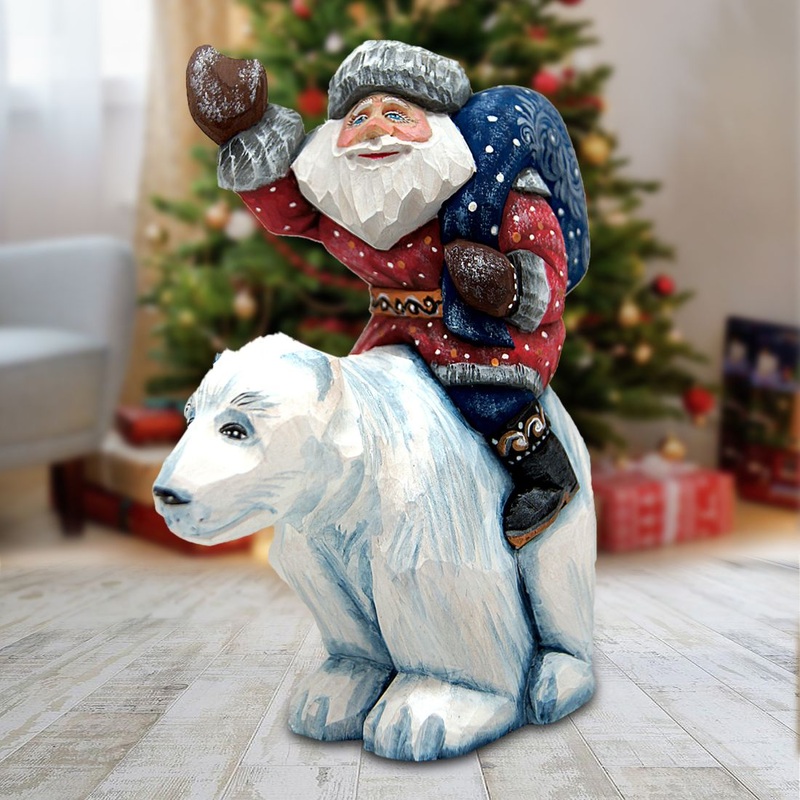 Ride on Polar Bear Santa Hand-Painted WOODCARVED Masterpiece by G. DeBrekht – Wildlife Holiday Decor – 820010