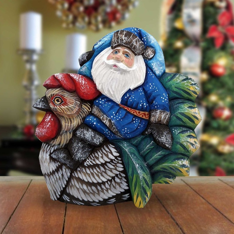 Rooster Traveler Santa Hand-Painted WOODCARVED Masterpiece by G. DeBrekht – Wildlife Holiday Decor – 820016