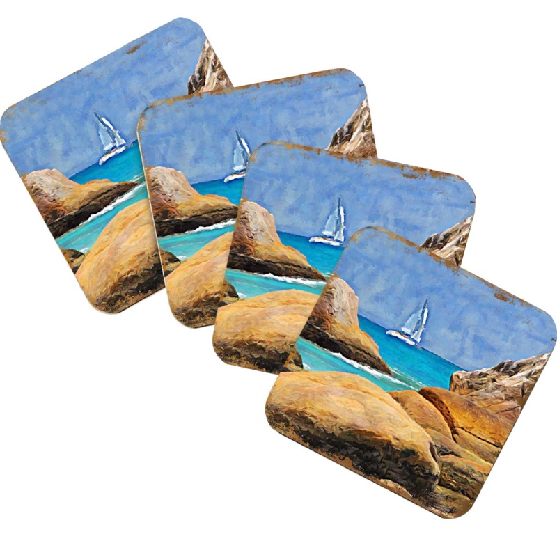 Sailboat Coastal Wooden Cork Coasters Gift Set of 4 by Nature Wonders – 95274C-S4
