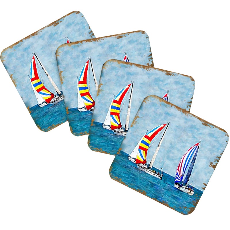 Sailboats Coastal Wooden Cork Coasters Gift Set of 4 by Nature Wonders – Coastal Sea-Life Decor – 95259C-S4