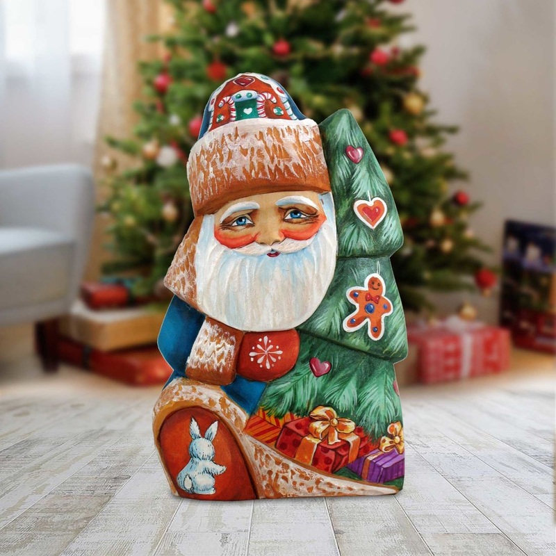 Santa Putting Up the Evergreen Hand-Painted WOODCARVED Figurine by G. DeBrekht – Christmas Decor – 820032 – SPECIAL ORDER *** PRE-ORDER – Handmade Just for You! ***