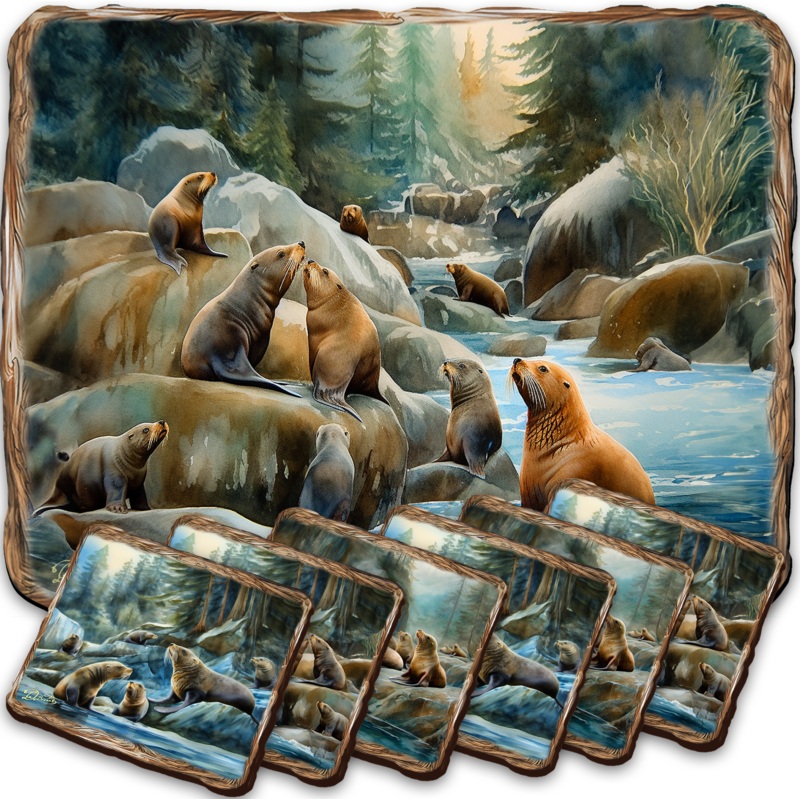 Sea Lion Cave Wooden Cork Placemat and Coasters Gift Set of 7 by Nature Wonders Coastal Nature Wildlife Decor  – 85413C-S7