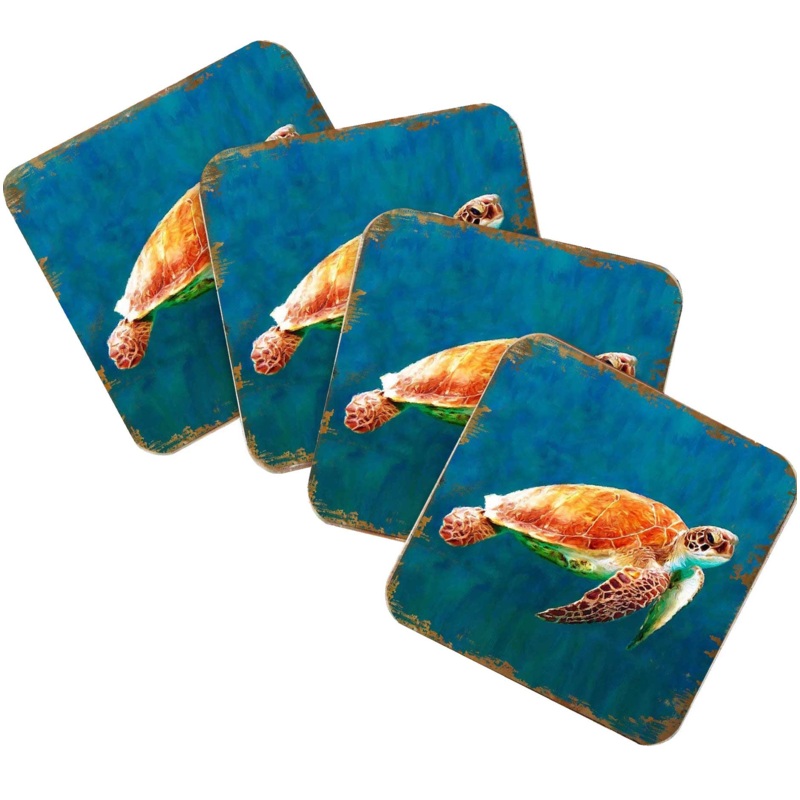 Sea Turtle Coastal Wooden Cork Coasters Gift Set of 4 by Nature Wonders – Coastal Sea-Life Decor – 95266C-S4