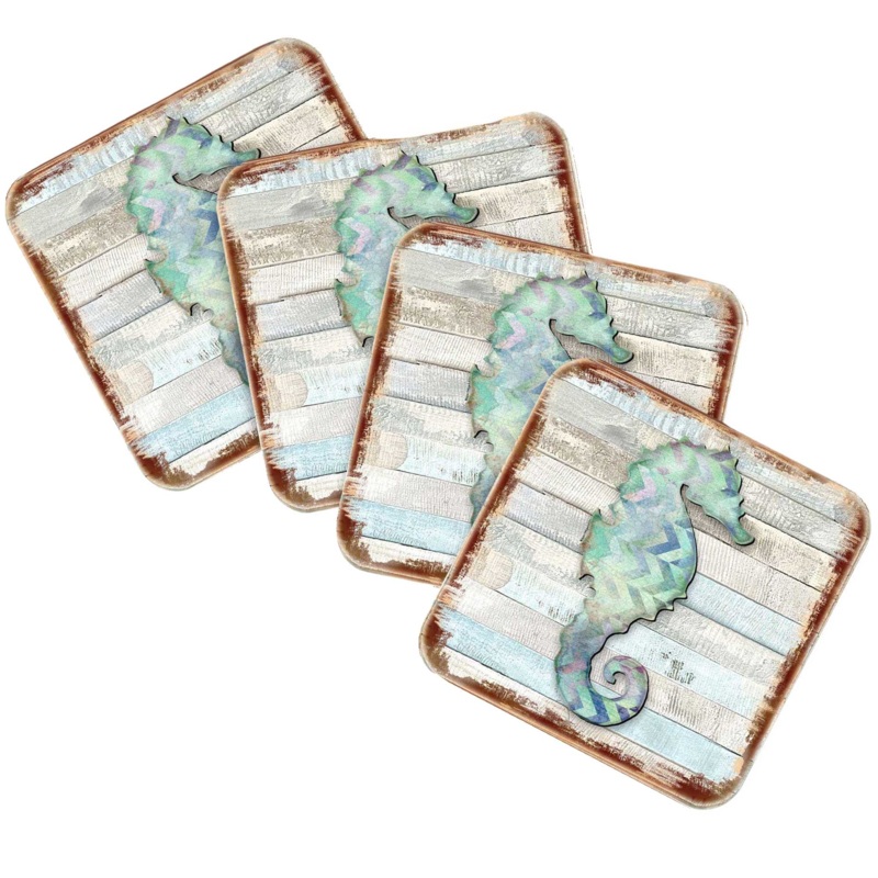 Seahorse Coastal Wooden Cork Coasters Gift Set of 4 by Nature Wonders – Coastal Sea-Life Decor – 8198517-2-9C-S4