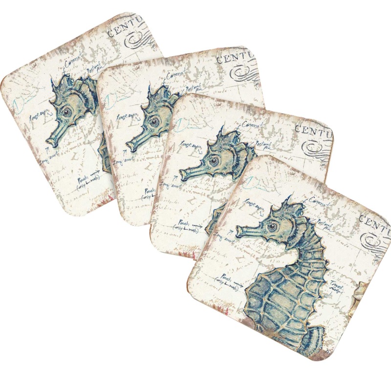 Seahorse Coastal Wooden Cork Coasters Gift Set of 4 by Nature Wonders – Coastal Sea-Life Decor – 8198621C-S4