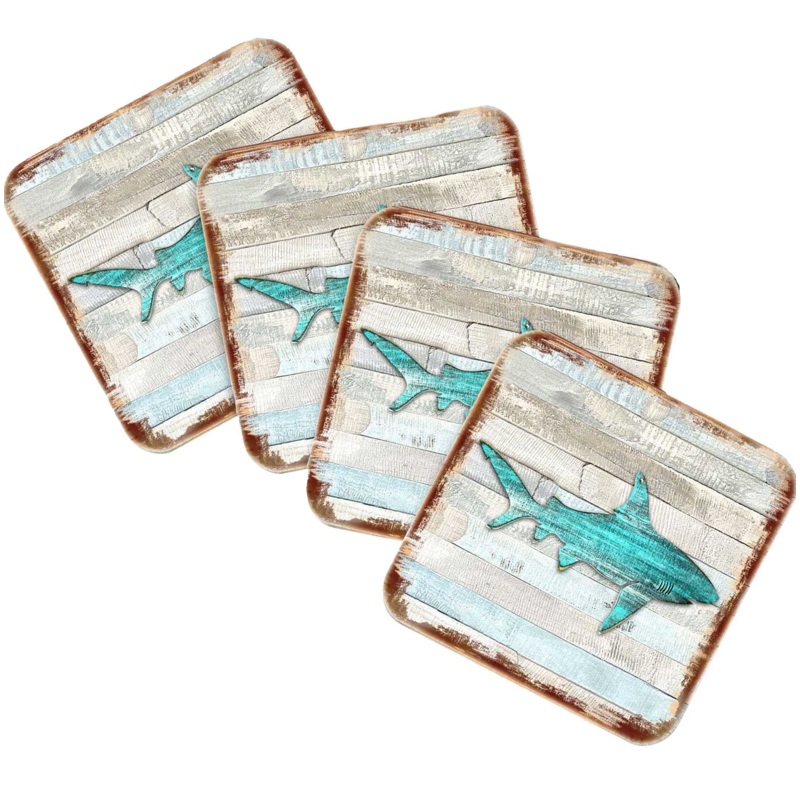 Shark Coastal Wooden Cork Coasters Gift Set of 4 by Nature Wonders – Coastal Sea-Life Decor – 8198515-9C-S4