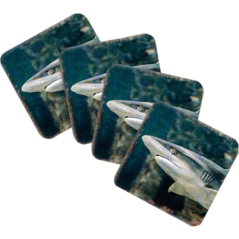 Shark Coastal Wooden Cork Coasters Gift Set of 4 by Nature Wonders – Coastal Sea-Life Decor – 95324C-S4