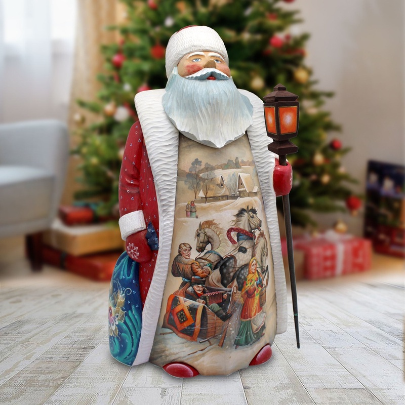 Sleighing Family Santa Hand-Painted WOODCARVED Masterpiece by G. DeBrekht – Wildlife Holiday Decor – L291363