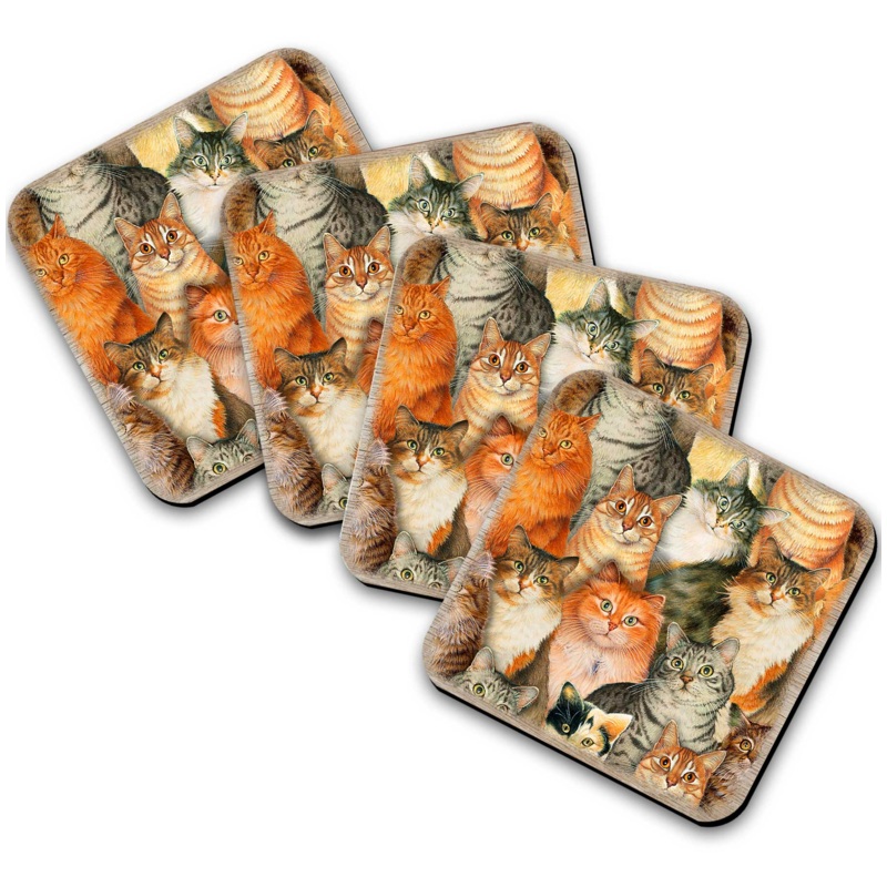 Sophisticated Cats Family Wooden Cork Coasters Gift Set of 4 – Cat Dog Pets Decor – 8199435C-S4