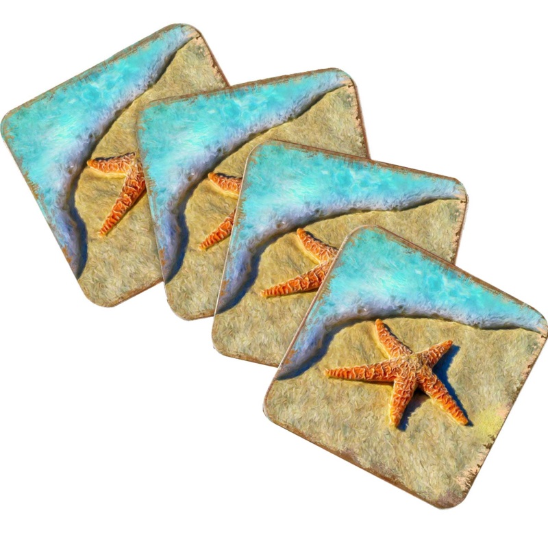 Starfish Coastal Wooden Cork Coasters Gift Set of 4 by Nature Wonders – Coastal Sea-Life Decor – 95253C-S4