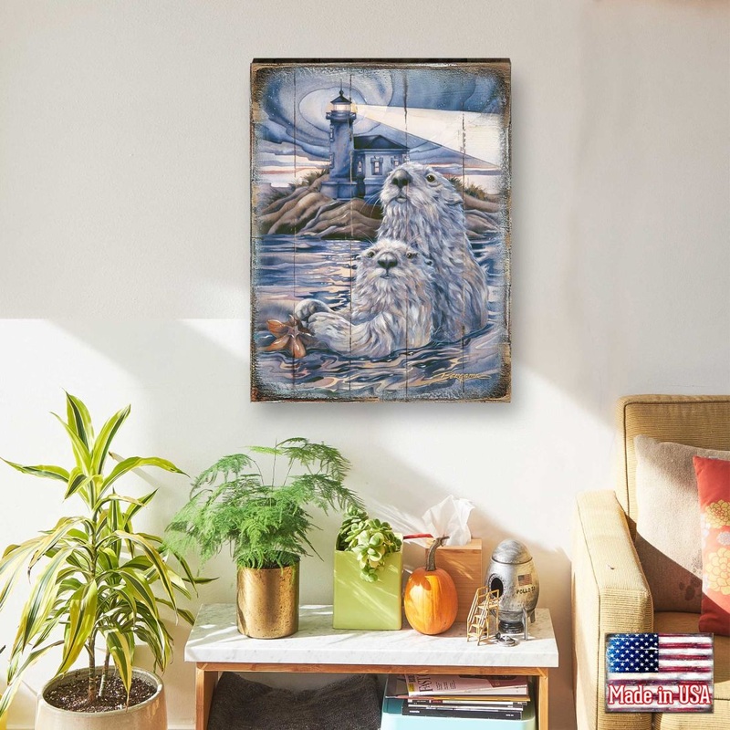 Starlight Otter Lighthouse Wooden Wall Art by J. Bergsma – Nature Wildlife Decor  – 8592572BP-JB