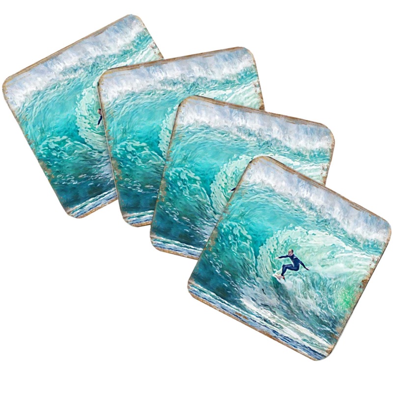 Surfer Coastal Wooden Cork Coasters Gift Set of 4 by Nature Wonders – Coastal Sea-Life Decor – 95227C-S4