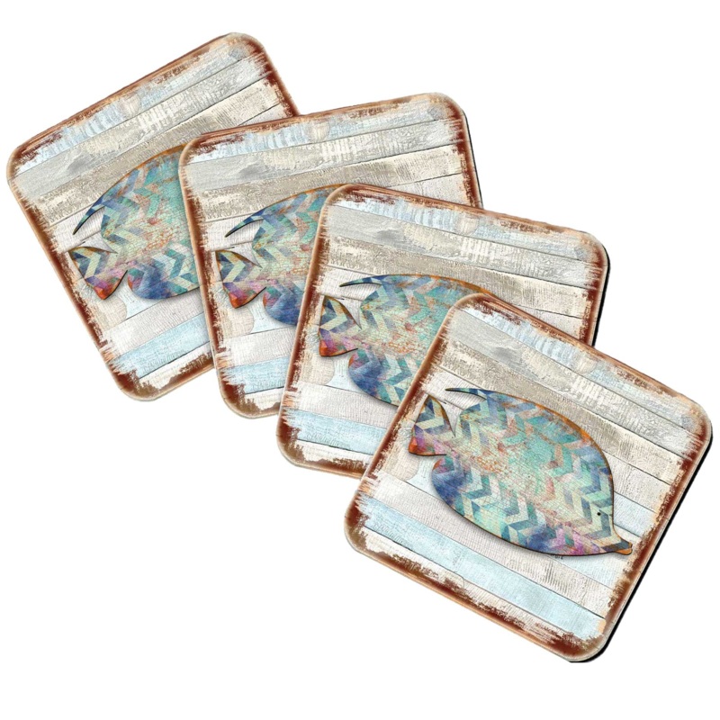 Tropical Fish Coastal Wooden Cork Coasters Gift Set of 4 by Nature Wonders – Coastal Sea-Life Decor – 8198527-2-9C-S4