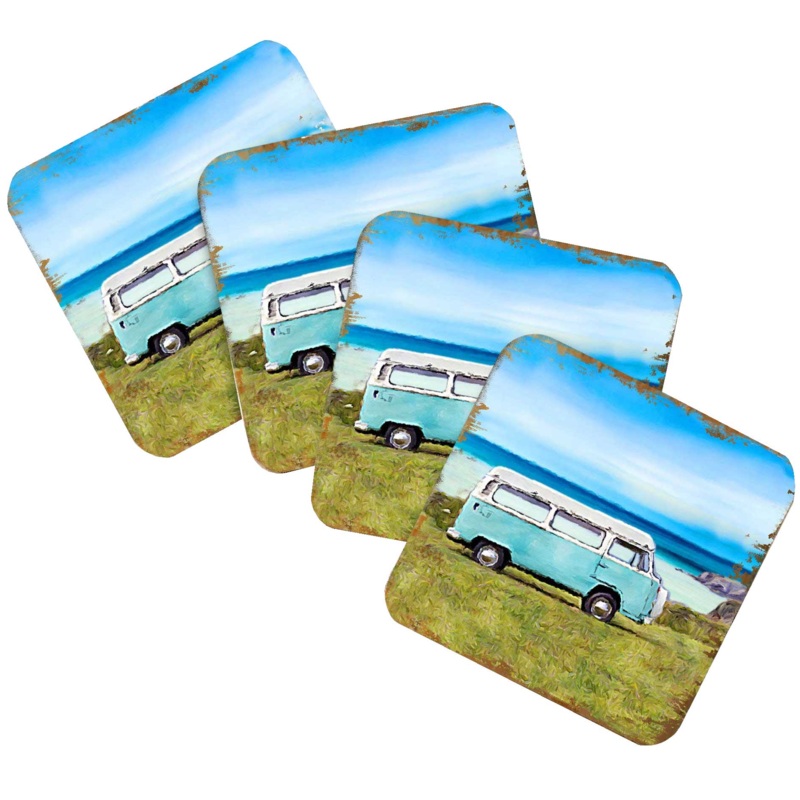 Van Coastal Wooden Cork Coasters Gift Set of 4 by Nature Wonders – Coastal Sea-Life Decor – 95269C-S4