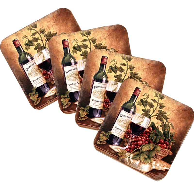 Vine and Grapes Wooden Cork Coasters Gift Set of 4 by Nature Wonders – Nature Wildlife Decor  – 95349-2C-S4