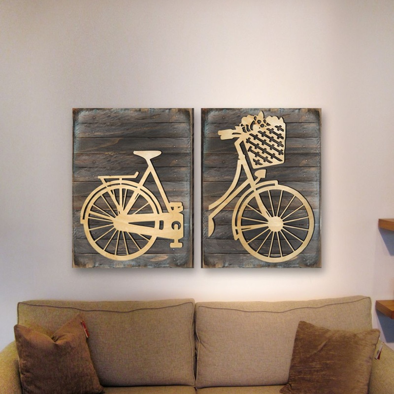 Vintage Messenger Bike Wooden Wall Decor Set of 2 by G. DeBrekht – Coastal Sea-Life Decor – G98435-B2