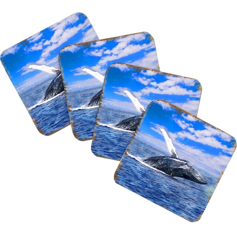 Whale Coastal Wooden Cork Coasters Gift Set of 4 by Nature Wonders – Coastal Sea-Life Decor – 95257C-S4