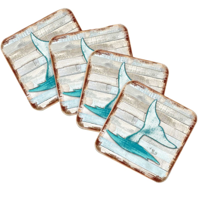 Whales Tale Coastal Wooden Cork Coasters Gift Set of 4 by Nature Wonders – Coastal Sea-Life Decor – 8198535-9C-S4