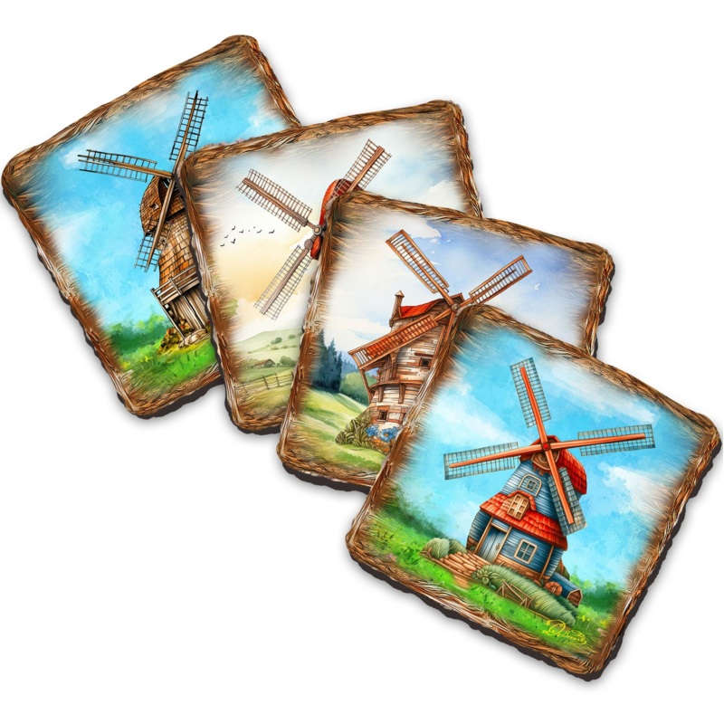 Windmills Wooden Cork Coasters Gift Set of 4 by Nature Wonders – Nature Wildlife Decor  – 95406C-S4