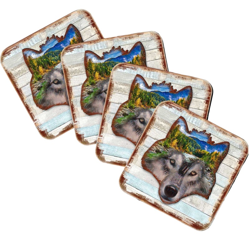 Wolf Face Wooden Cork Coasters Gift Set of 4 by Nature Wonders – Nature Wildlife Decor  – 8198227-4-9C-S4