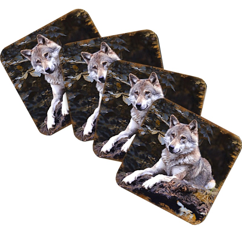 Wolf Wooden Cork Coasters Gift Set of 4 by Nature Wonders – Nature Wildlife Decor  – 95287C-S4