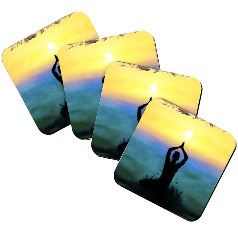 Yoga Wooden Cork Coasters Gift Set of 4 by Nature Wonders – Nature Wildlife Decor  – 95385C-S4