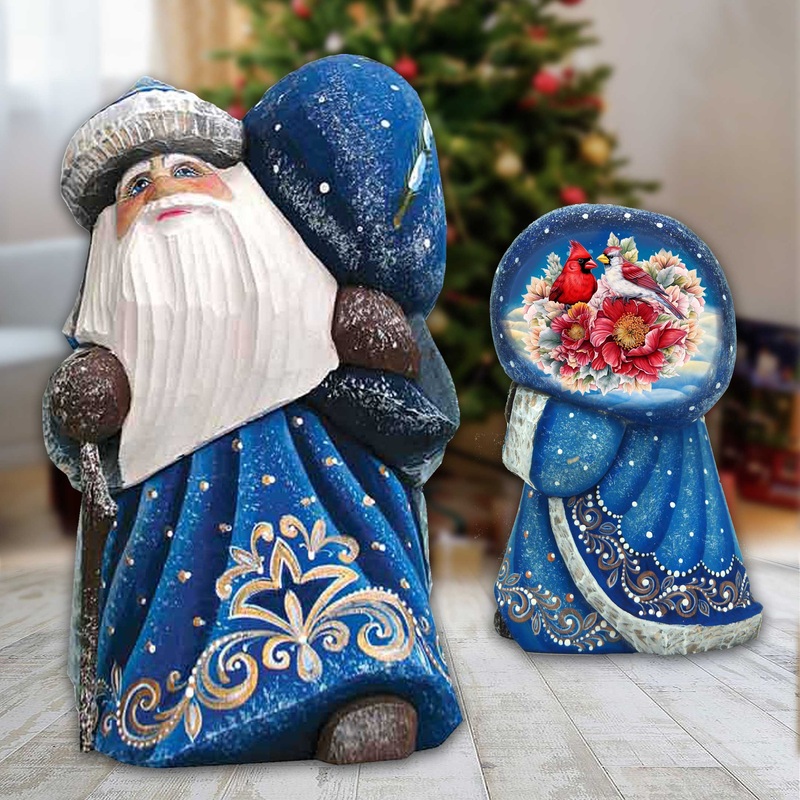 Cardinals and Flowers Santa with Bag Hand-Painted WOODCARVED Masterpiece by G. DeBrekht – Christmas Decor – 8215562 *** PRE-ORDER – Handmade Just for You! ***