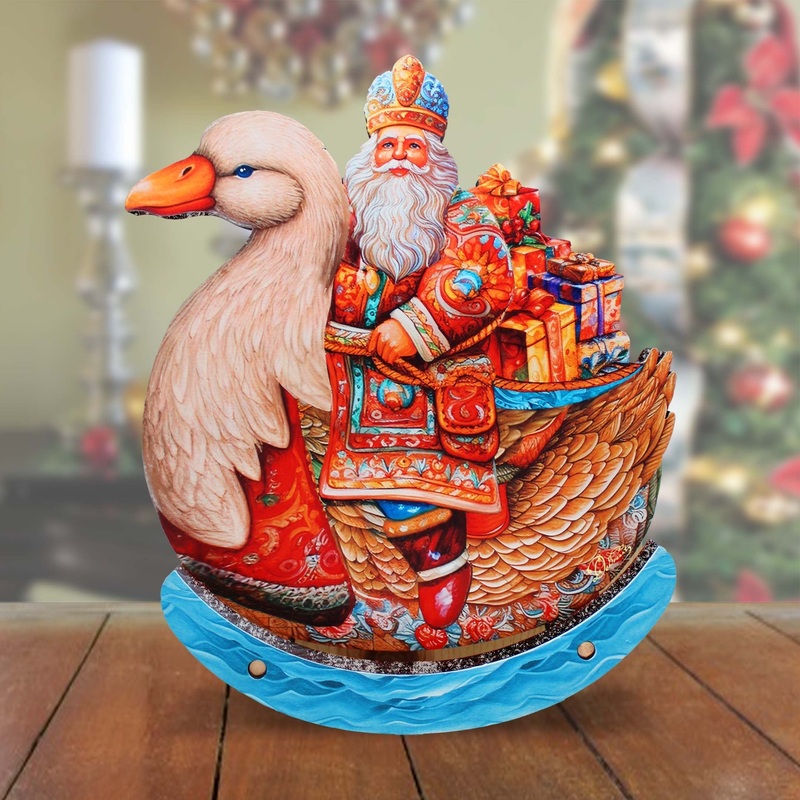 Charming Santa Riding Goose Limited Edition Wooden Figurine Centerpiece by  – Christmas Decor – 89314