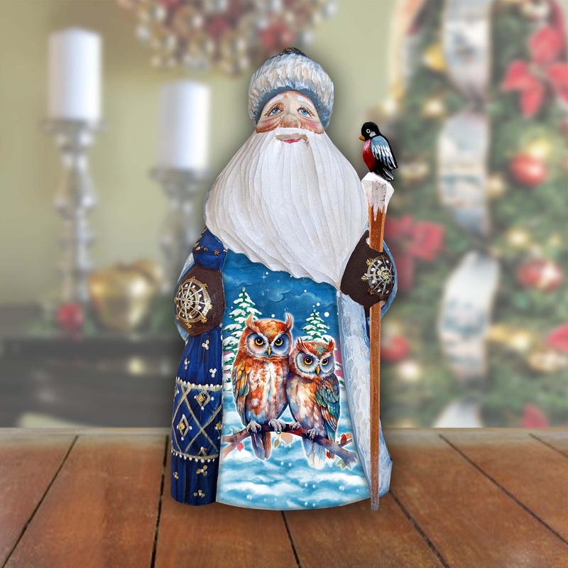 Couple of Owls Santa Hand-Painted WOODCARVED Masterpiece Figurine by G. DeBrekht – Christmas Decor – 8215953