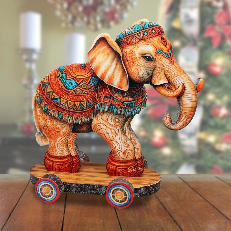 Enchanting Elephant on Wheels Limited Edition Wooden Figurine by  – Christmas Centerpiece Decor – 89309