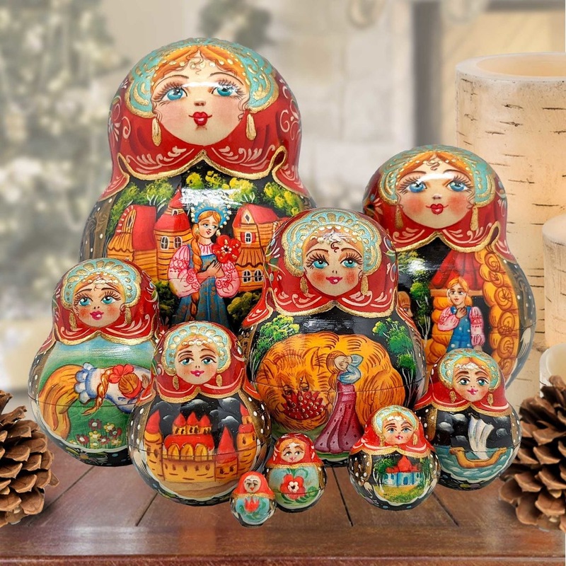 Fairytales Santa Matreshka Nesting Hand-Painted Doll Set of 10 by G. DeBrekht – Christmas Santa Snowman Decor – 120024