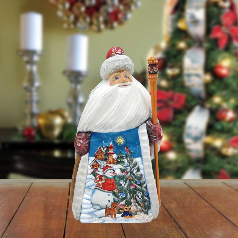 Frosty and the Christmas Tree Hand-Painted WOODCARVED Figurine by G. DeBrekht – Christmas Santa Snowman Decor – 8209012