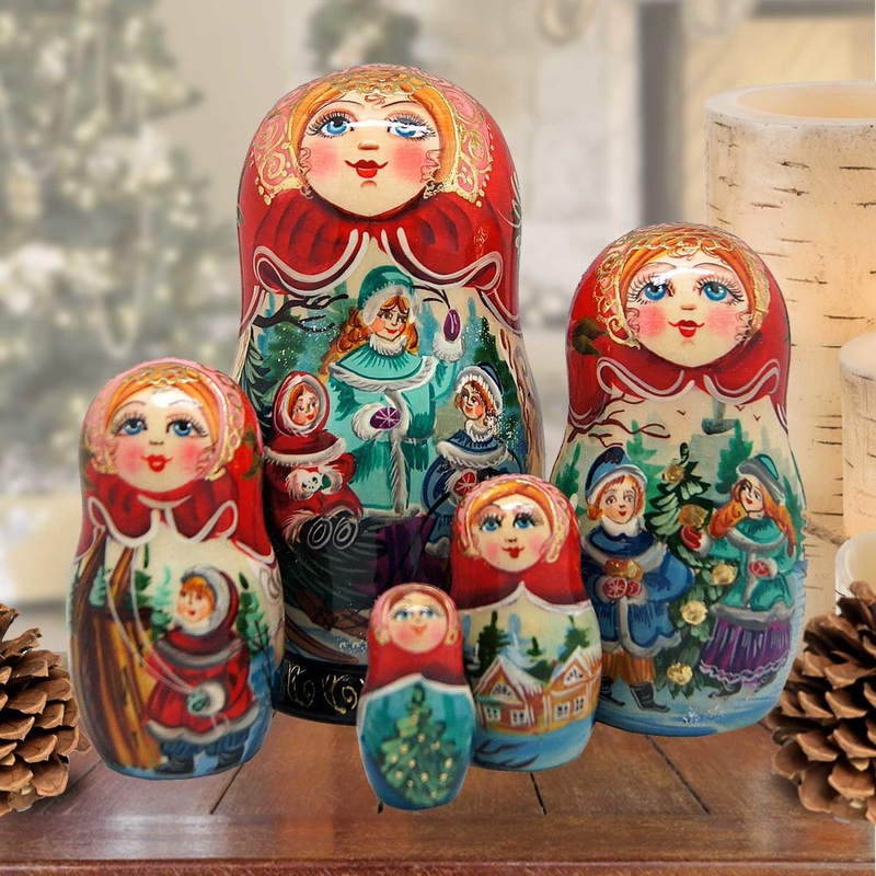 Happiest of The Holidays Matreshka Nesting Hand-Painted Dolls Set of 5 by G. DeBrekht – Christmas Decor – 110173