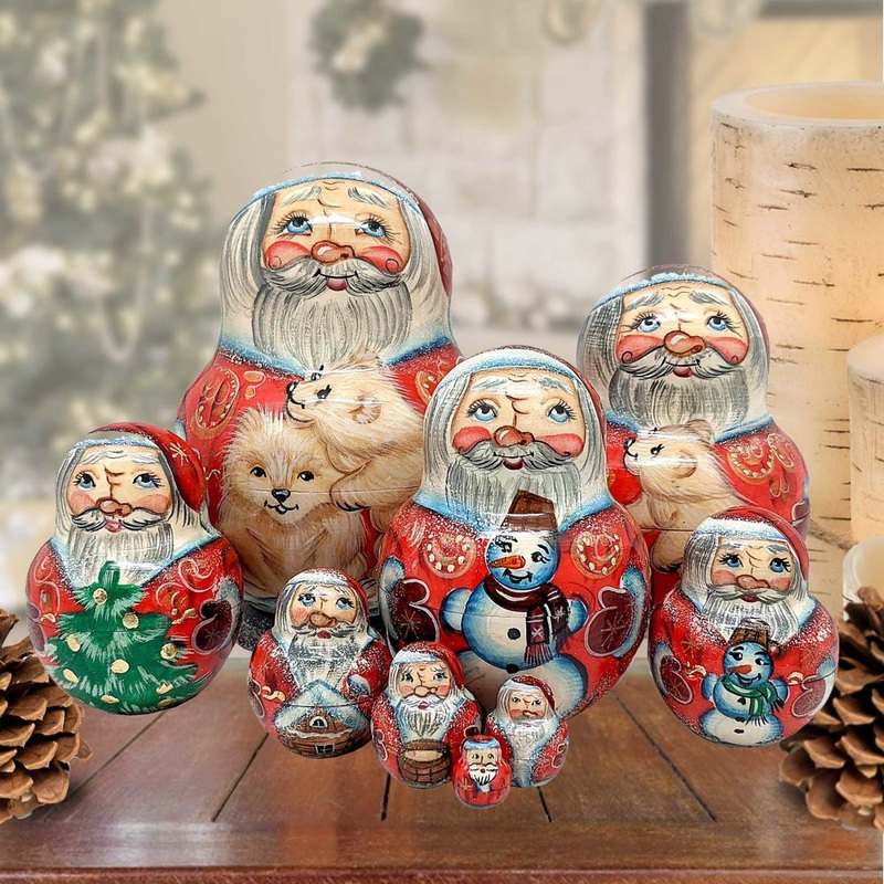 Polar Bears Santa Matreshka Nesting Hand-Painted Doll Set of 10 by G. DeBrekht – Christmas Santa Snowman Decor – 120023