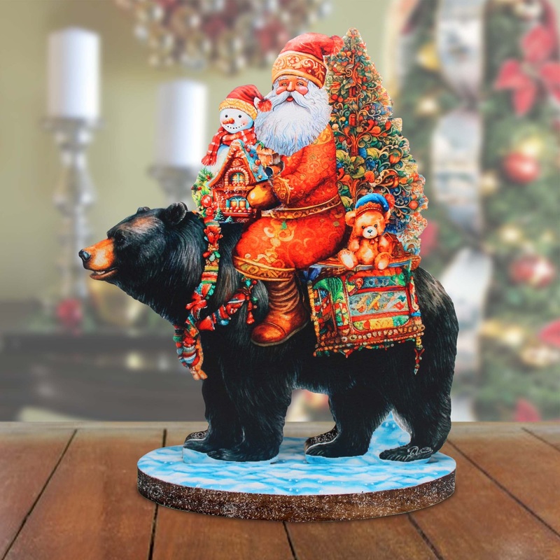 Santa Claus and Black Bear Limited Edition Wooden Figurine by  – Christmas Centerpiece Decoration – 89315