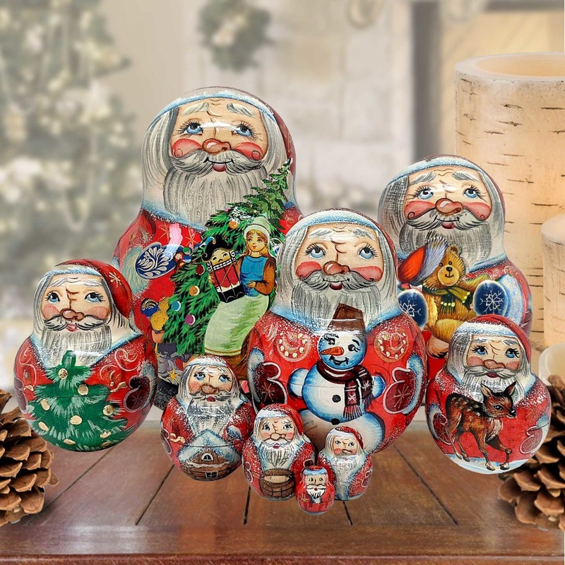 Santa Gifting Matreshka Nesting Hand-Painted Doll Set of 10 by G. DeBrekht – Christmas Santa Snowman Decor – 120025