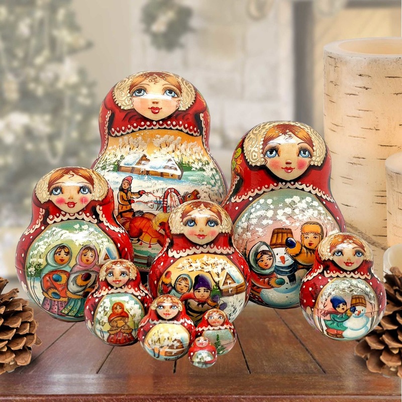 Santa Sleigh Ride Red Matreshka Nesting Hand-Painted Doll Set of 10 by G. DeBrekht – Christmas Santa Snowman Decor – 120021-2