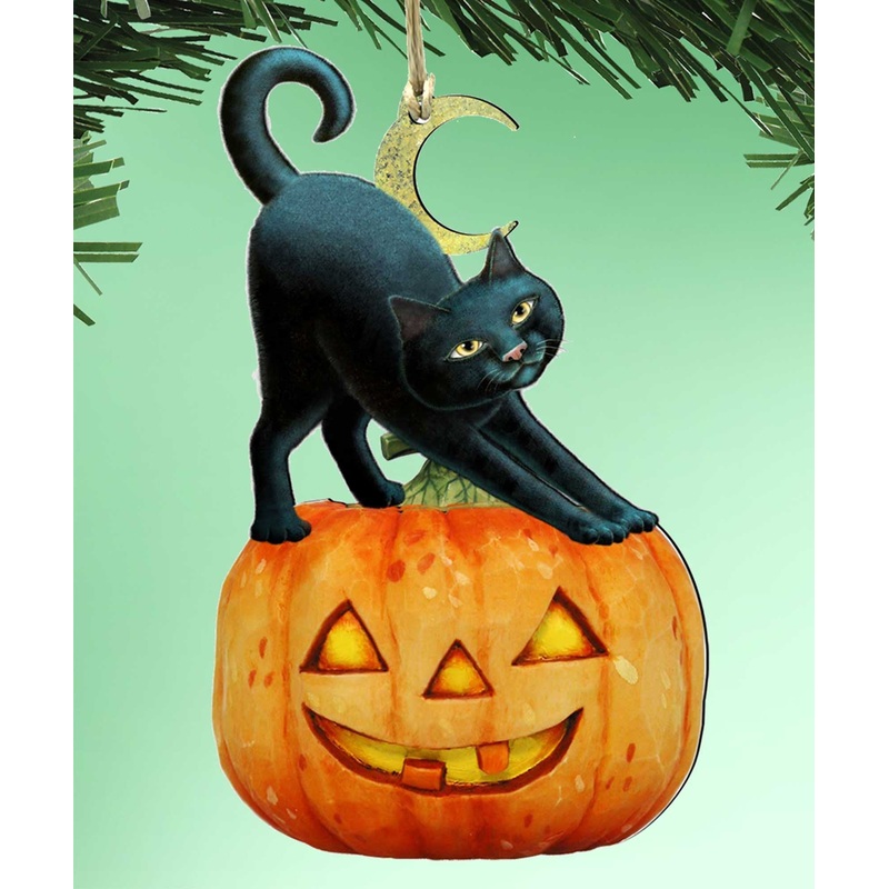 Spooky Halloween Cat Pumpkin Wooden Ornaments – Tree Ornament by Laura Seeley – Thanksgiving Halloween Decor – 8512054-2
