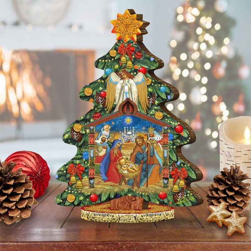 Story of Nativity Decorated Centerpiece Wooden Tree Figurine by G. DeBrekht – Christmas Decor – 89304