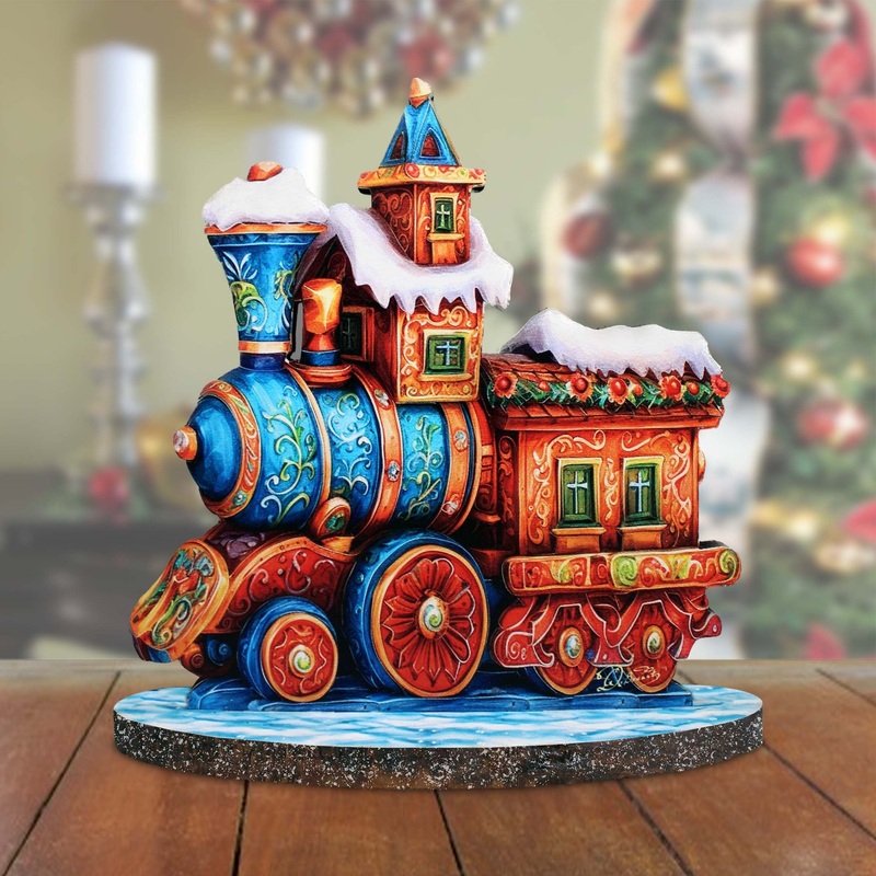 Winter Express Train Limited Edition Wooden Figurine by G. Debrekht – Centerpiece Christmas Decor – 89323