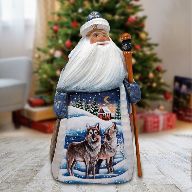 Wolf and Bird Santa Hand-Painted WOODCARVED Masterpiece by G. DeBrekht – Wildlife Holiday Decor – 821592
